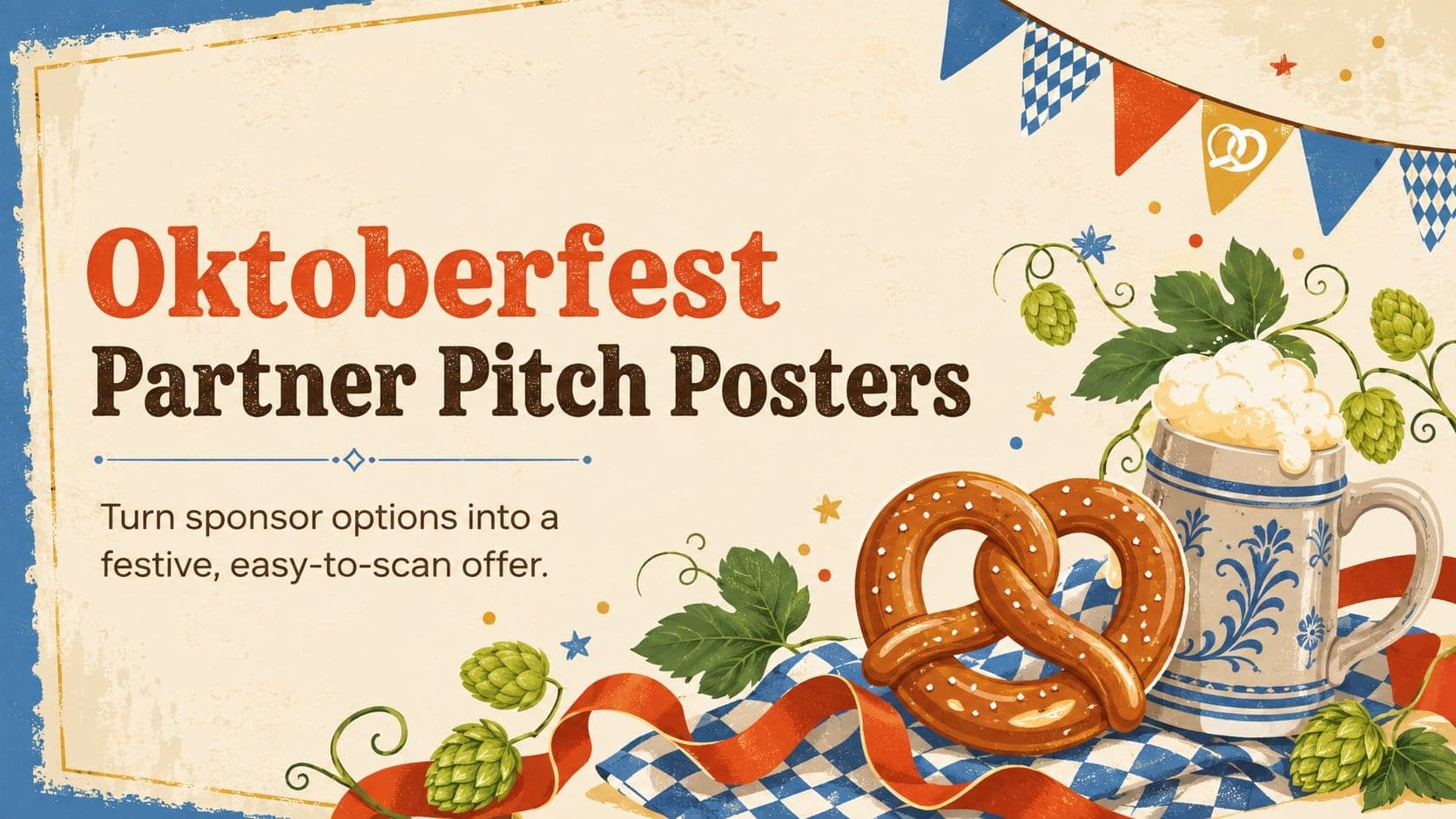 Cover for Oktoberfest Partner Pitch Posters with festive illustrated decorations on a warm beige background.