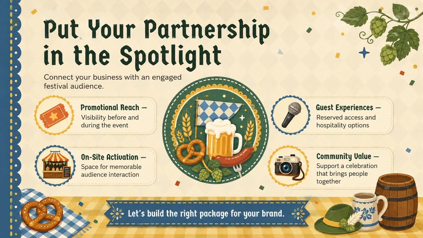 Beer festival sponsor tier presentation highlighting promotional reach, hospitality, and on-site activation opportunities.
