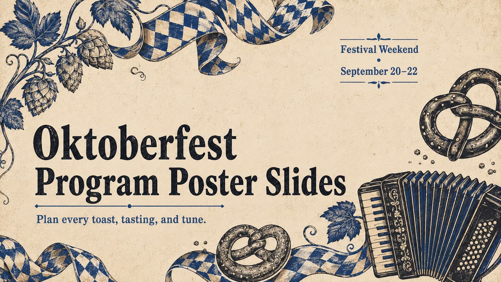 Vintage Oktoberfest program poster slides cover in blue, beige, and black with Bavarian festival illustrations.