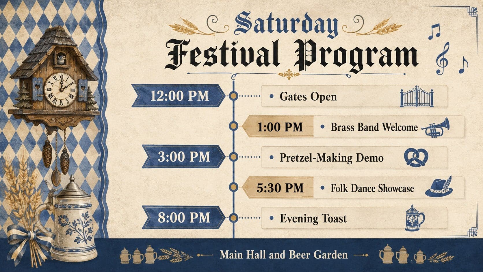Editable Oktoberfest schedule template showing a clearly organized afternoon and evening festival program.