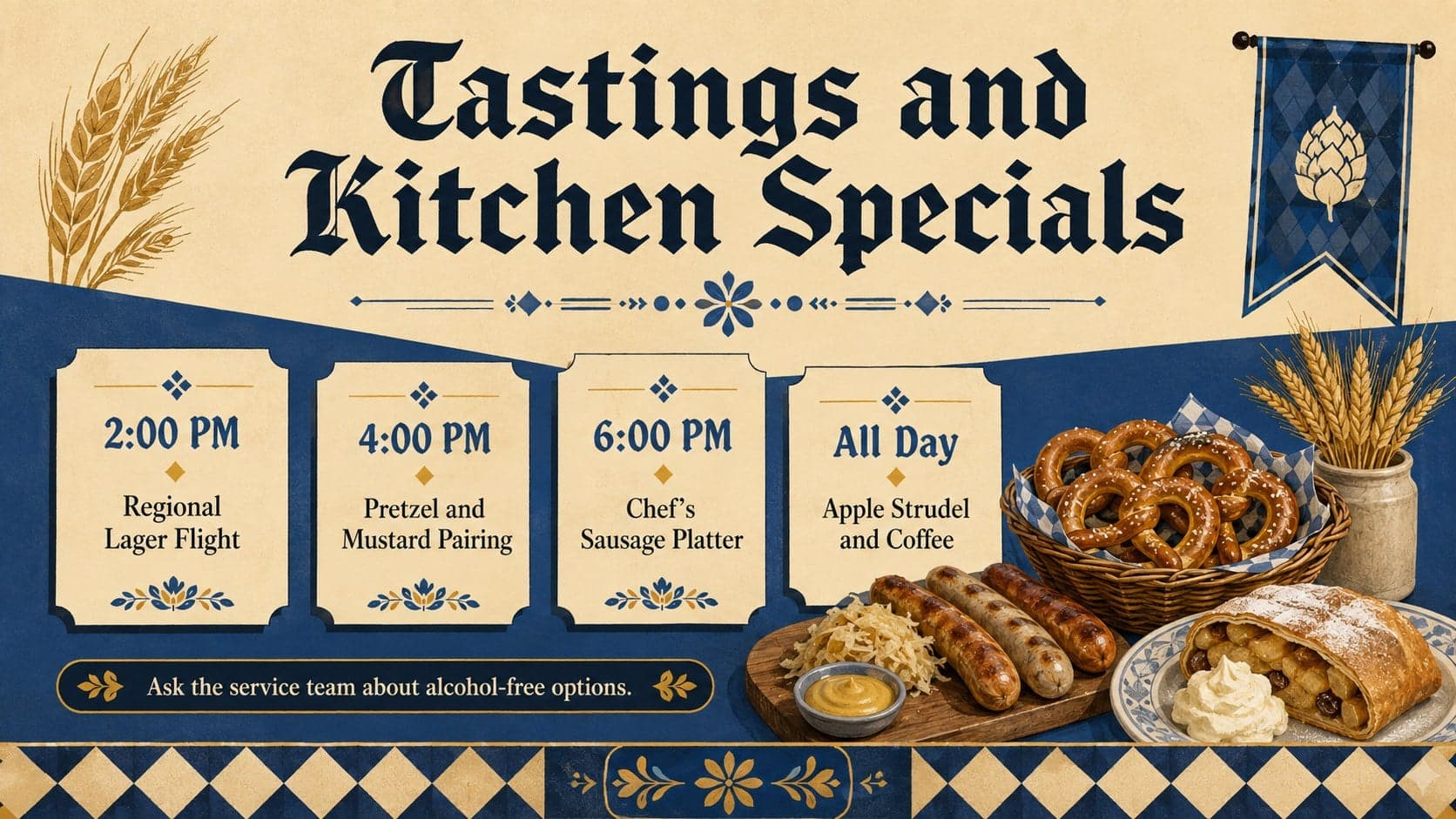 Beer festival program poster featuring Oktoberfest food specials and tasting sessions in a vintage illustrated layout.
