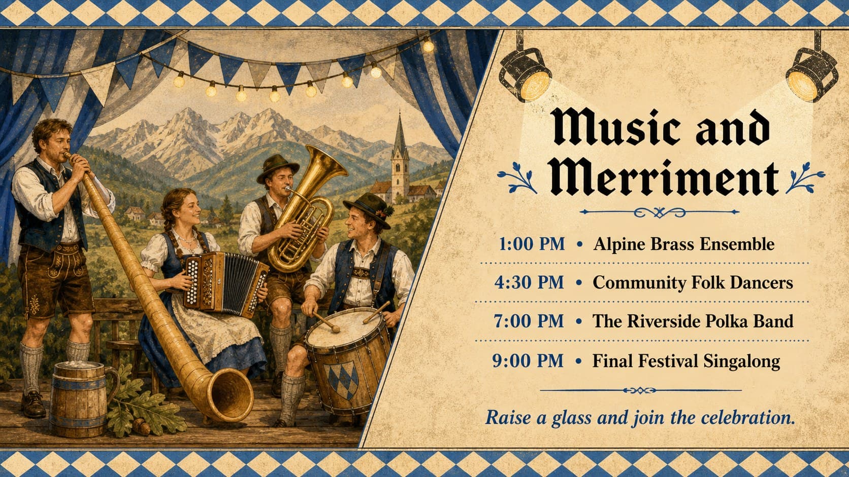 Vintage Bavarian event slide presenting an Oktoberfest live music and entertainment lineup.