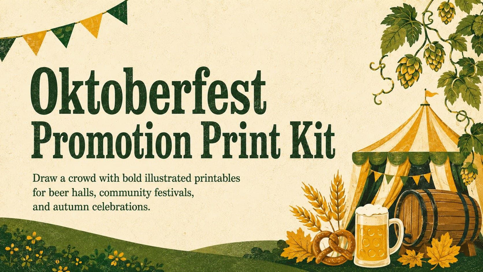 Cover of an Oktoberfest promotion print kit with yellow and green festival illustrations and bold event lettering.