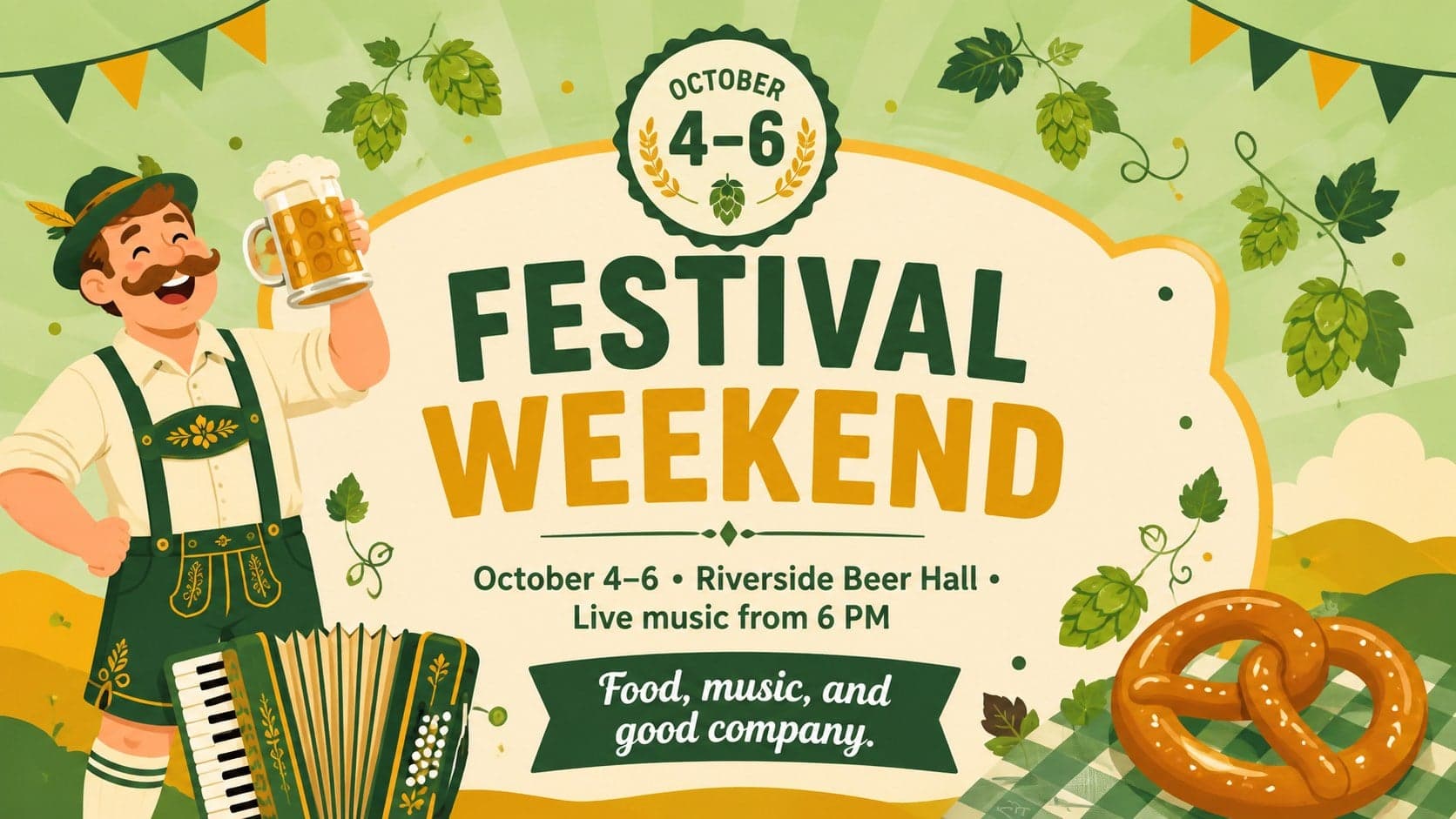 Editable Oktoberfest poster for PowerPoint advertising festival dates, live music, and a central beer hall venue.