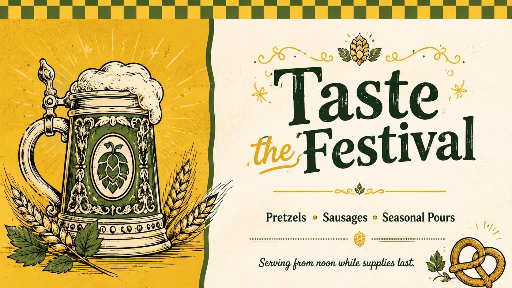 German beer festival advertising layout featuring a food menu, drink specials, and original Bavarian-inspired illustrations.