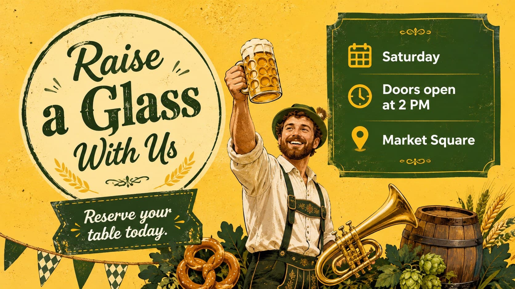 Beer hall event poster design with an admission callout, venue details, and playful yellow and green festival graphics.