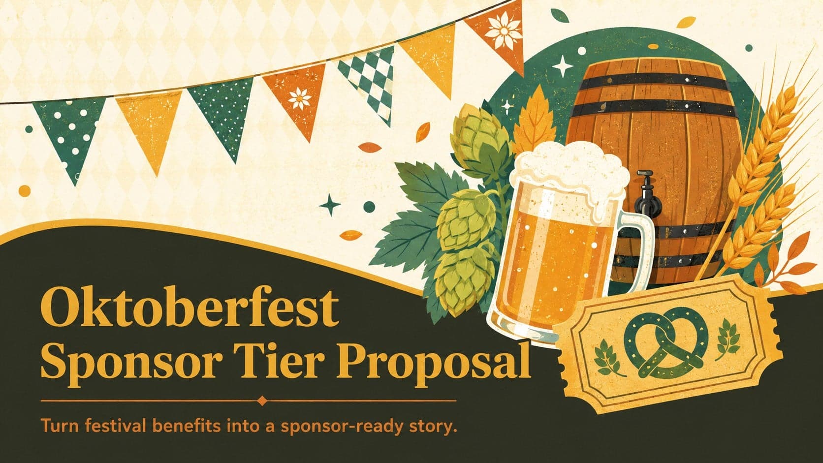 Colorful cover for an Oktoberfest sponsor tier proposal with festive beer hall illustrations and partnership messaging.