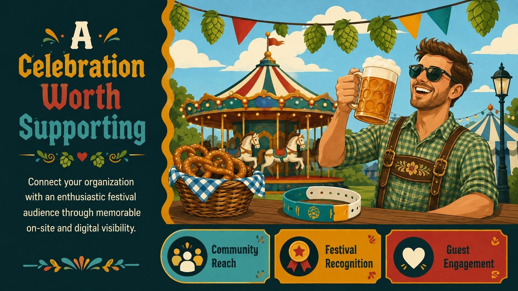 Illustrated Oktoberfest partnership overview slide presenting festival reach and sponsor opportunities.