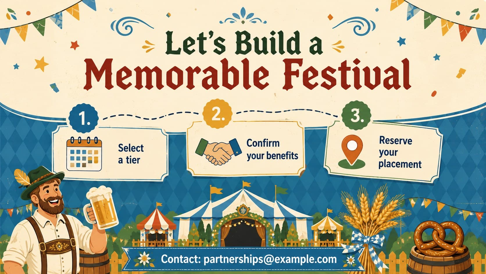Festive closing slide for a beer festival sponsor proposal with next steps and contact placeholders.