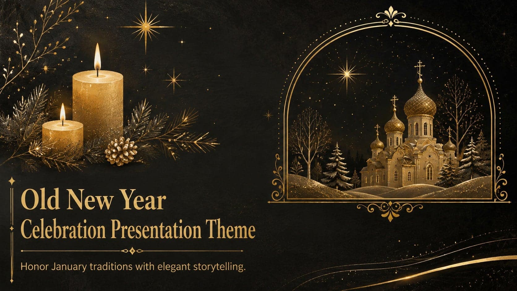 Cover of an Old New Year celebration presentation theme with elegant gold illustrations on a black background.