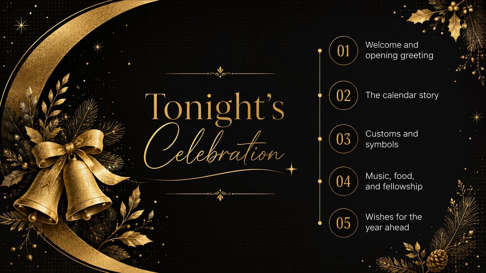 Agenda layout for an Old New Year event program in a minimal black-and-gold presentation style.