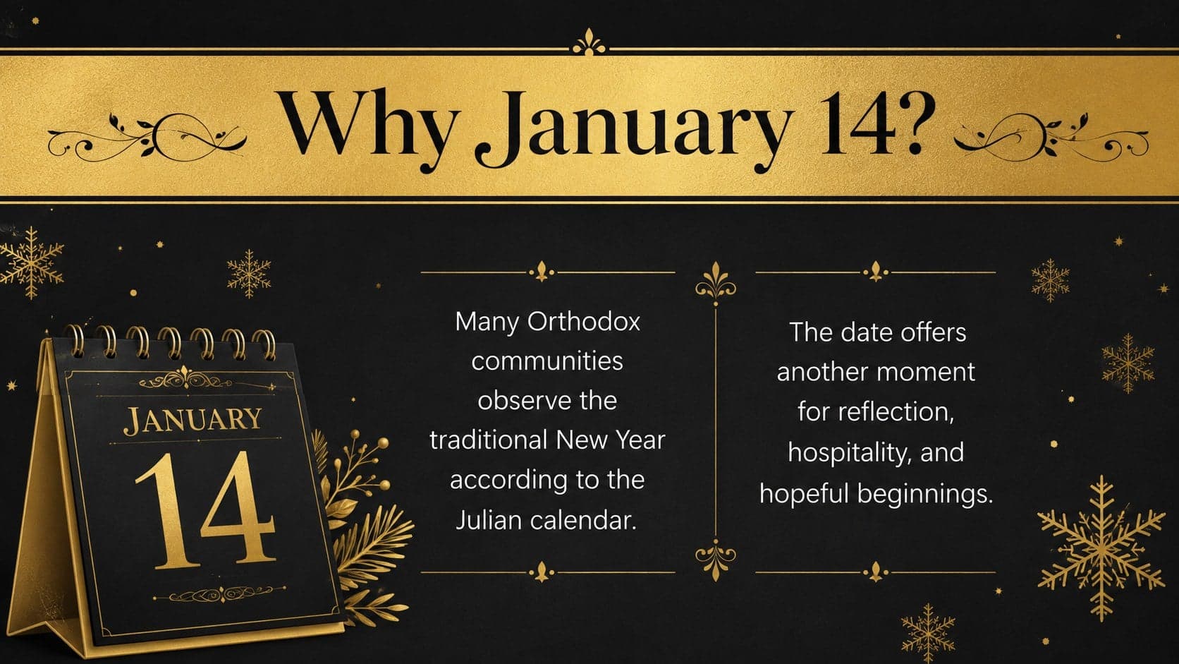 Orthodox calendar traditions presentation slide explaining the January observance with gold accents.