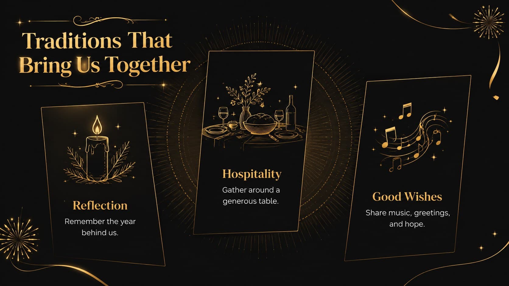 January cultural celebration slide featuring three traditions in a black, yellow, and gold layout.