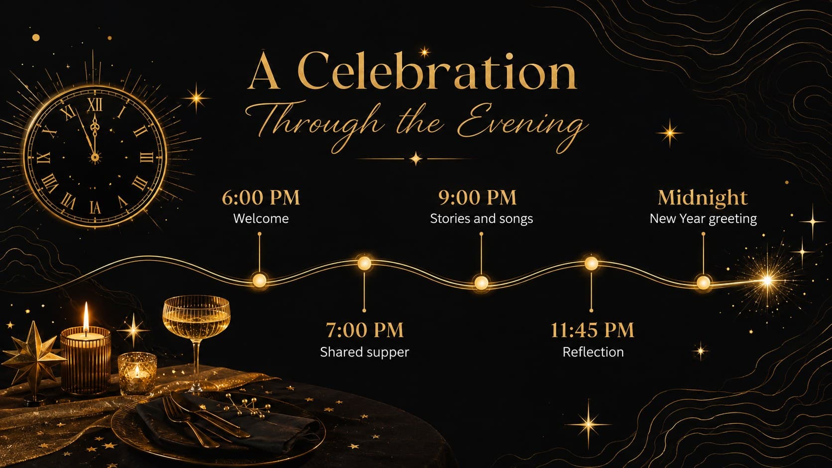Old calendar New Year slideshow timeline tracing the celebration from preparation to midnight.