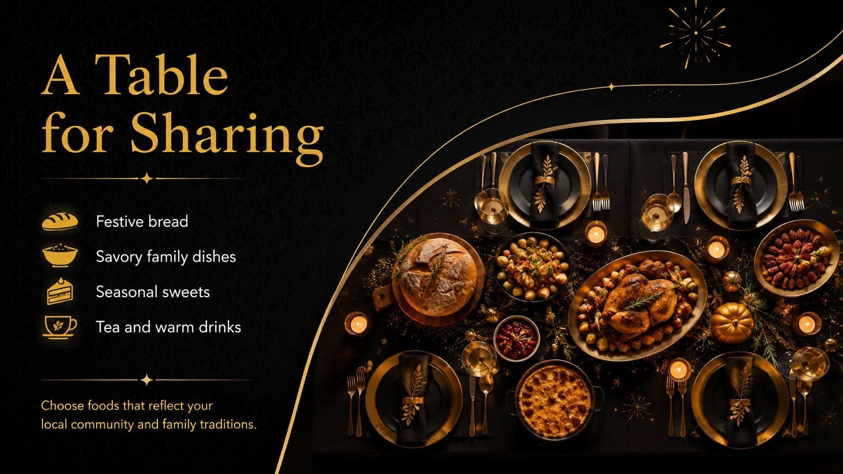 Old New Year celebration menu slide with illustrated festive dishes and gold typography.