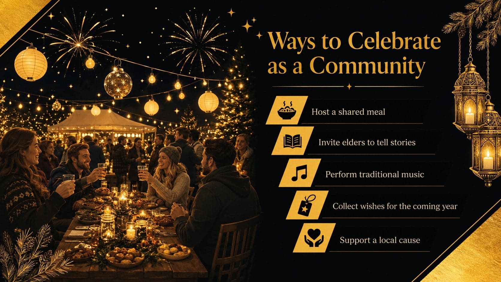 Church New Year event slide presenting community activities in an elegant illustrated layout.