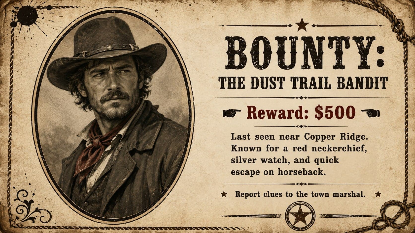 Editable outlaw notice slide featuring an original frontier character profile, reward amount, and identifying details.