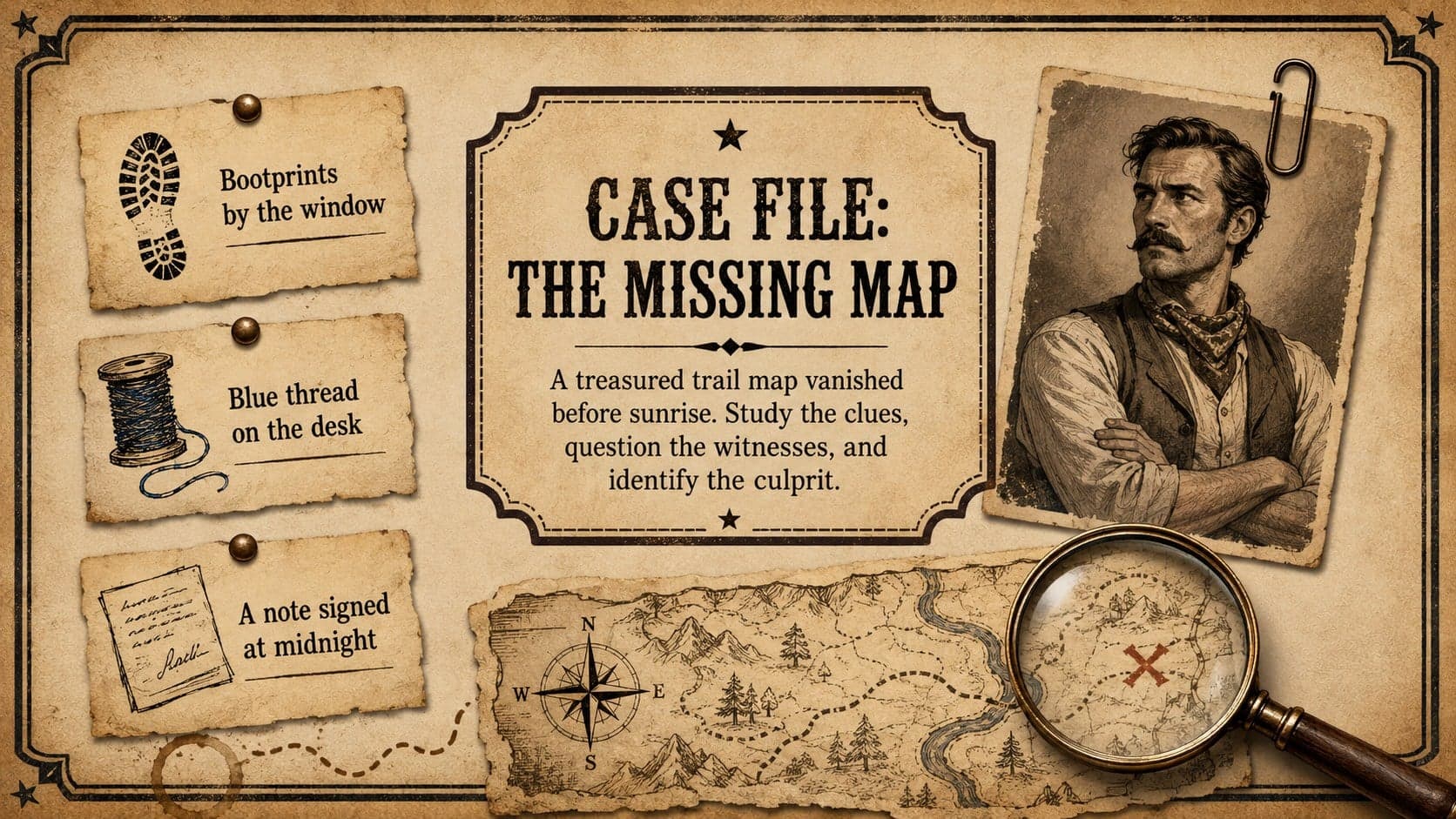 Old West classroom mystery poster with a missing map case, clue list, and original student-friendly suspect illustration.