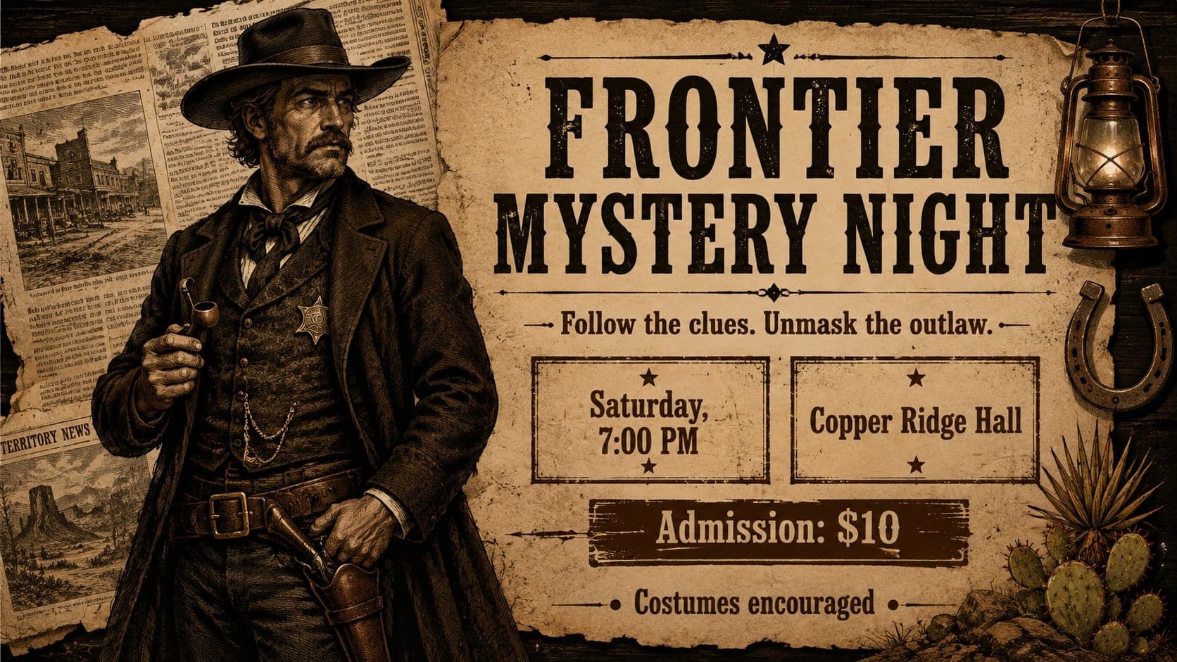 Sepia frontier event announcement slide promoting a Western mystery night with date, location, and admission details.