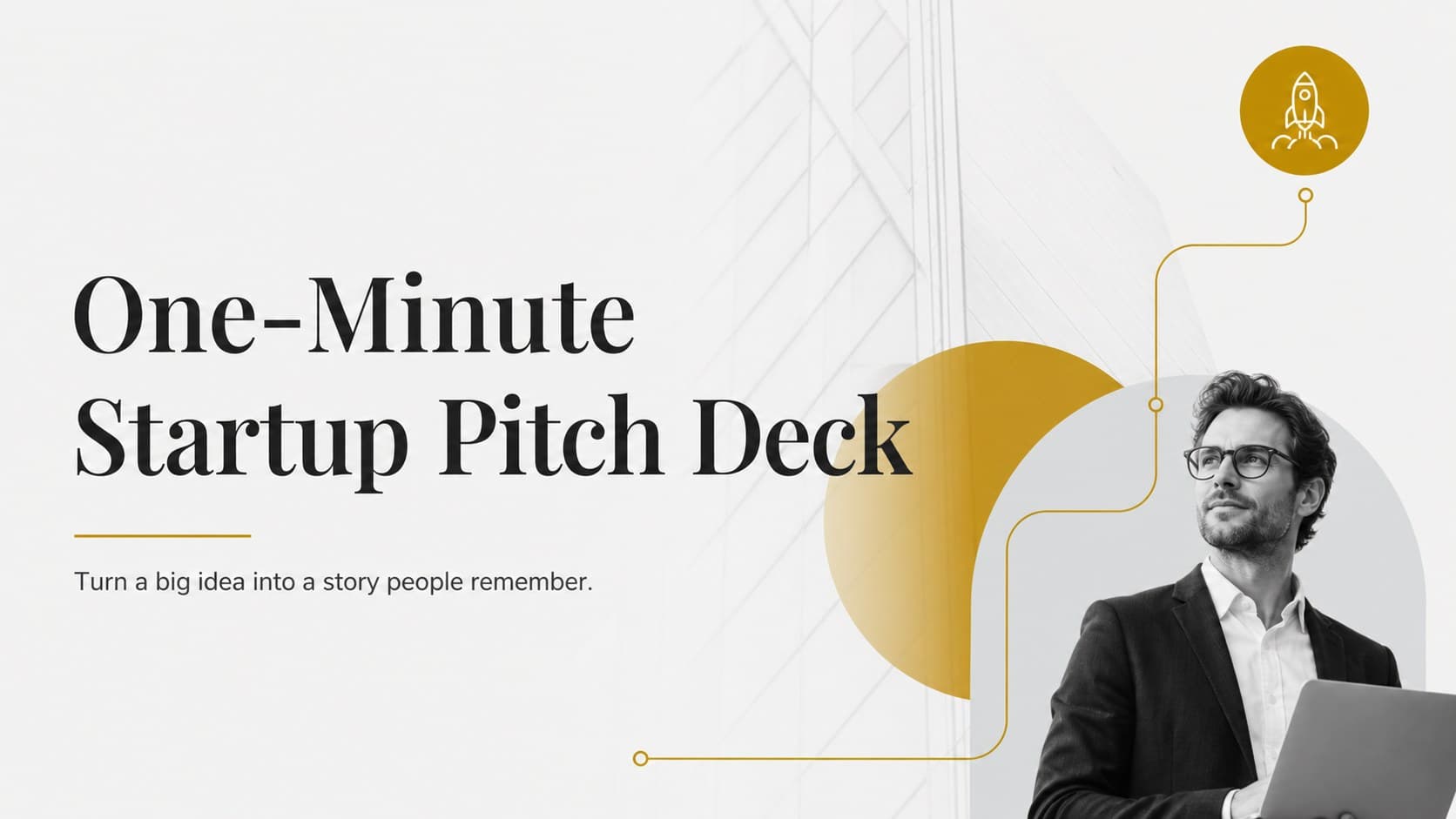 Gold and grey cover slide for a one-minute startup pitch deck with a bold editorial headline and concise founder-focused subtitle.