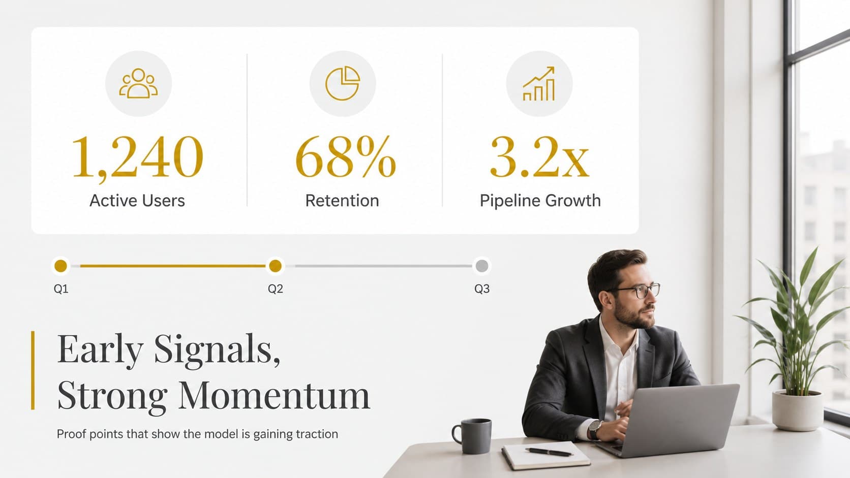 Startup traction metrics slide featuring three performance indicators and a compact progress chart.