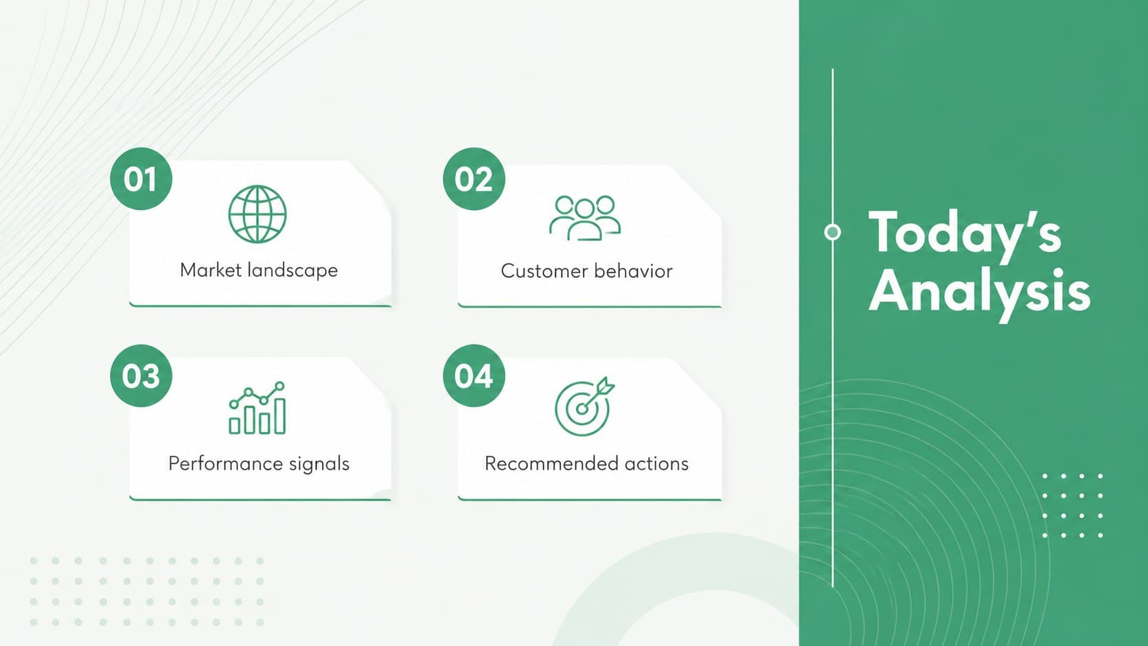 Green webinar agenda slide outlining an online business performance presentation.