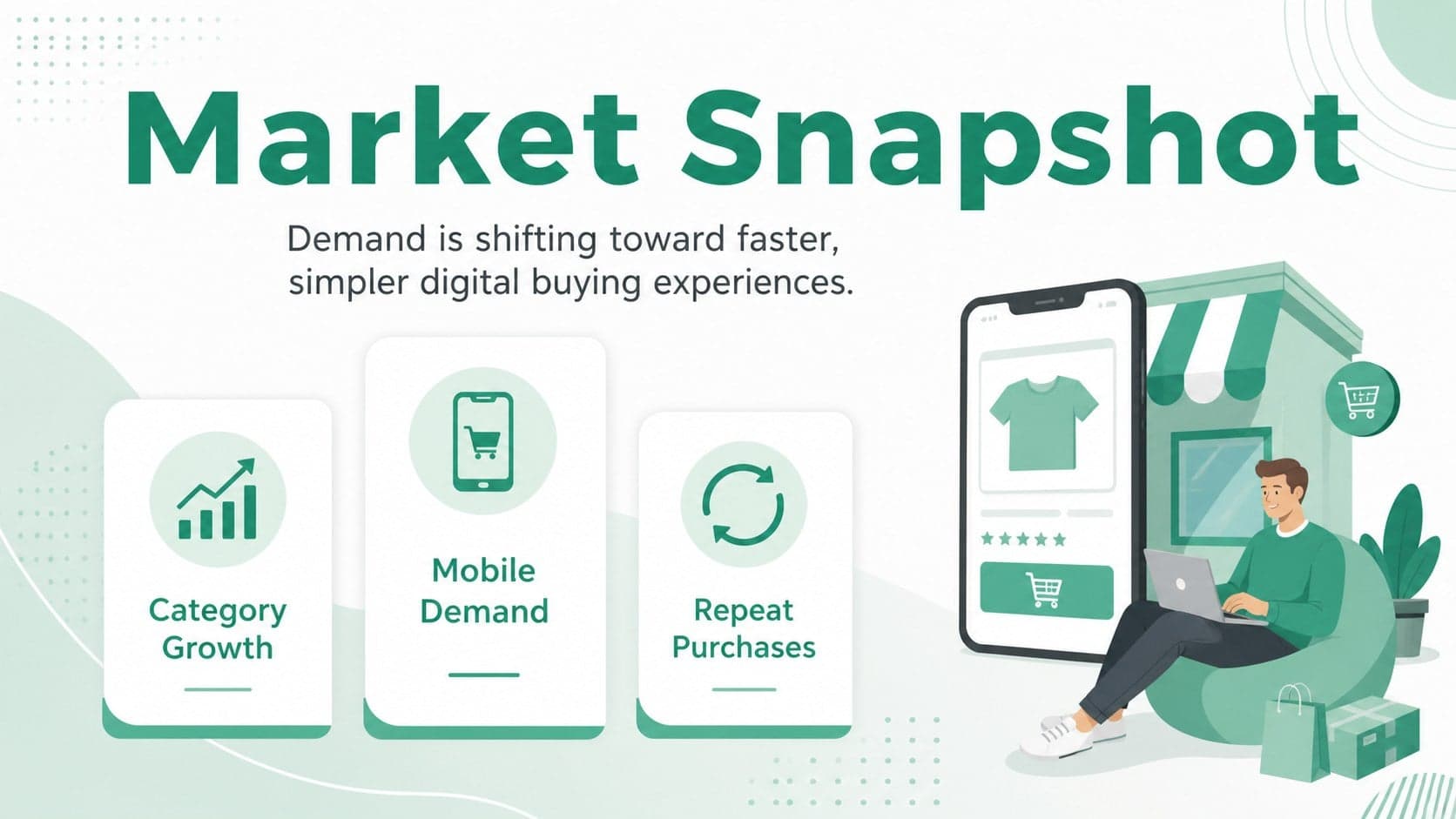 Market snapshot slide for a digital commerce webinar template with three key indicators.