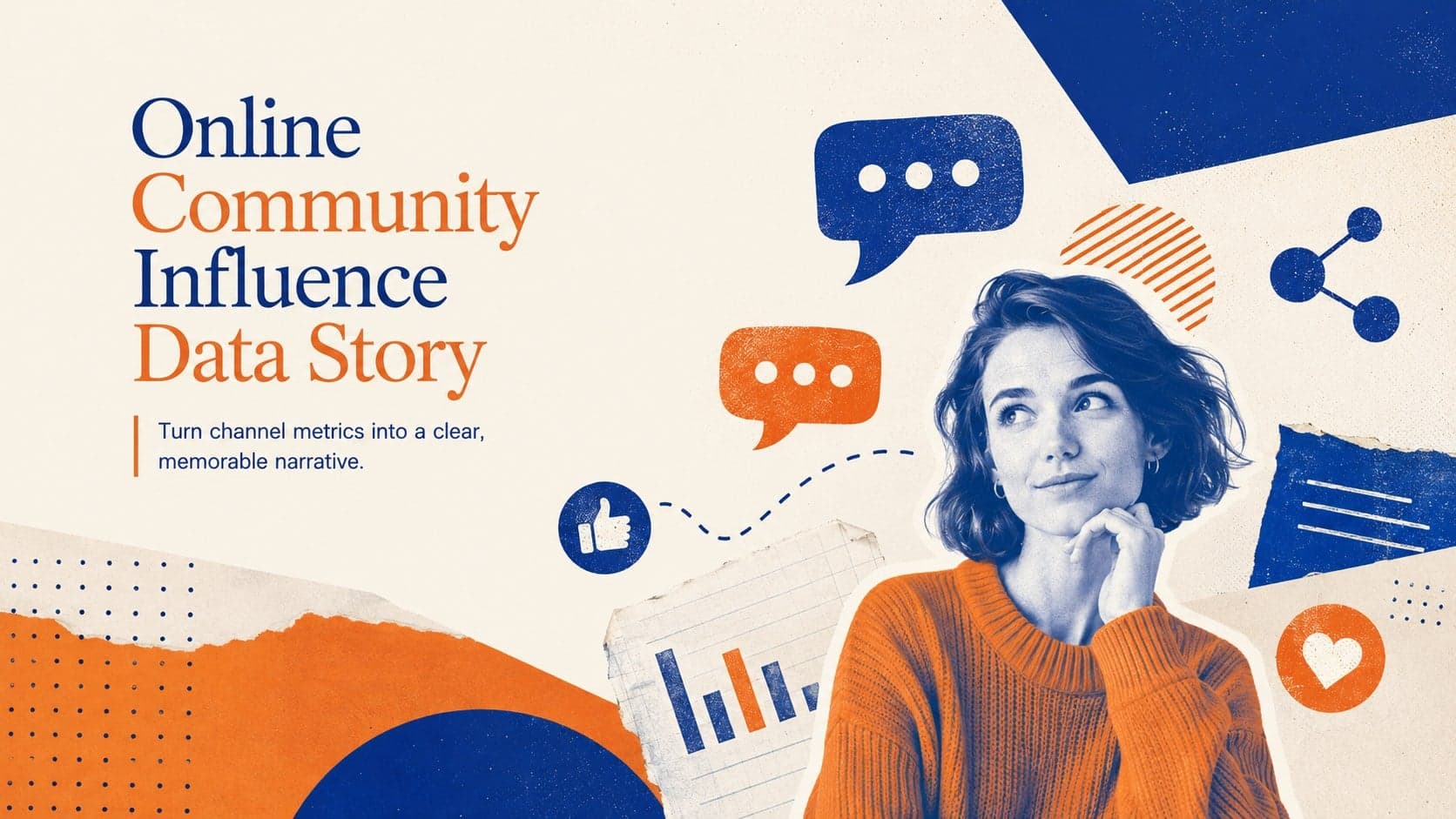 Cover for an online community influence data story featuring blue, orange, and beige collage graphics around a bold editorial title.