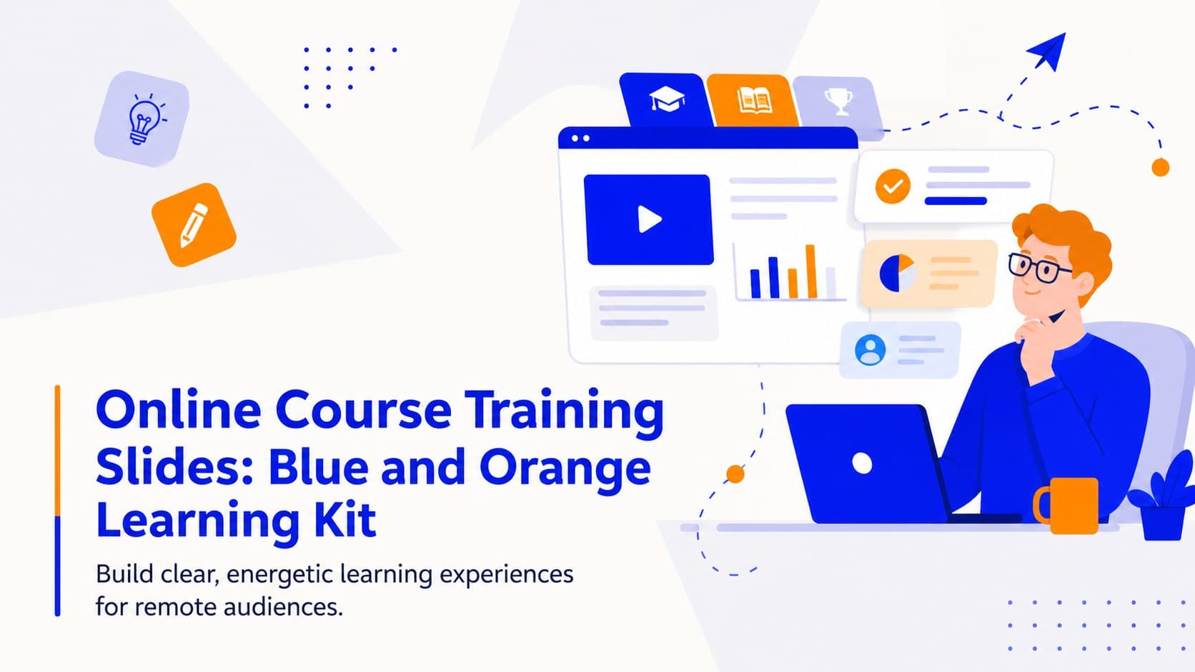 Cover for Online Course Training Slides featuring a blue and orange illustrated learning workspace.