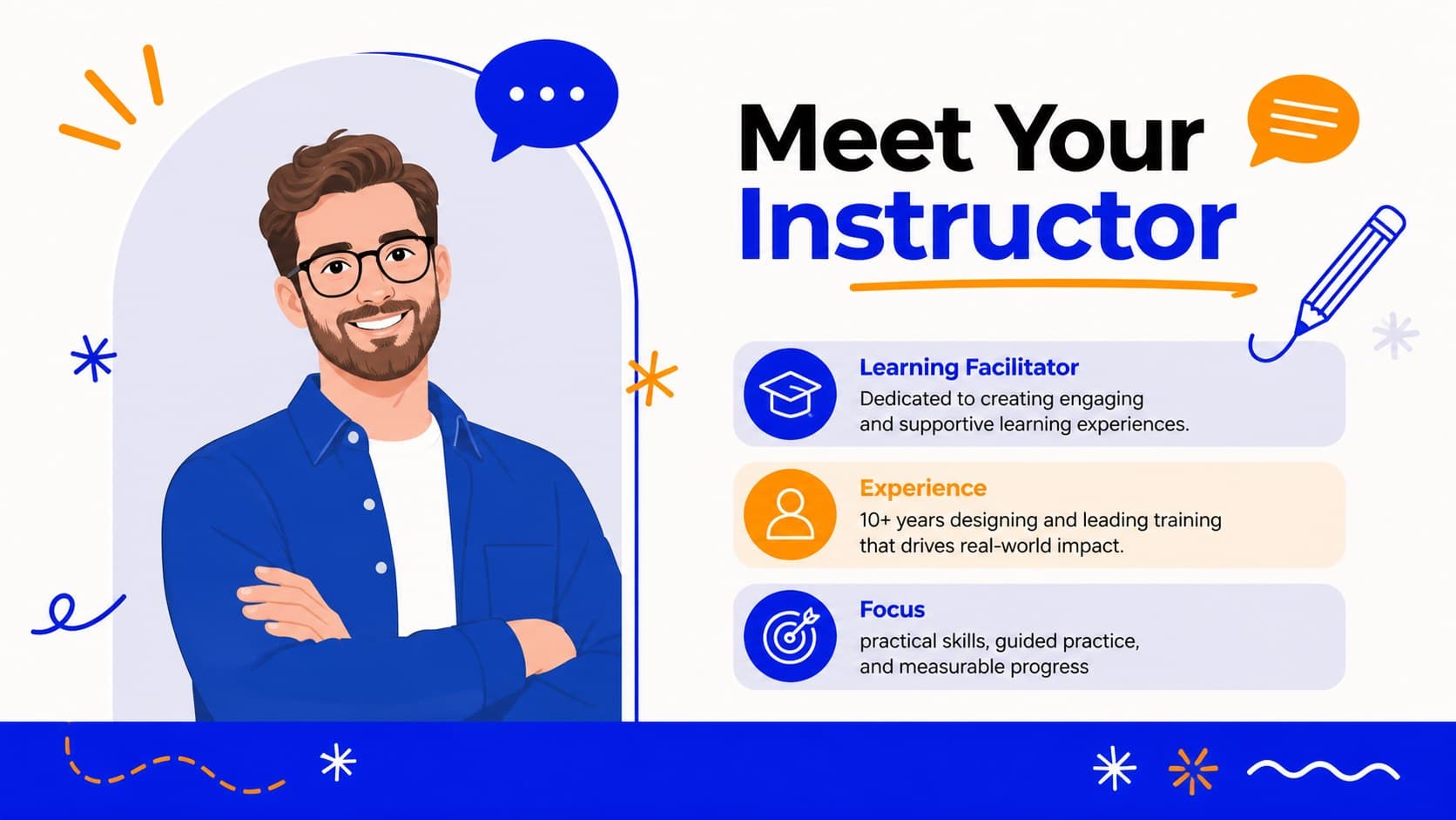 Instructor introduction page in an illustrated employee onboarding presentation.
