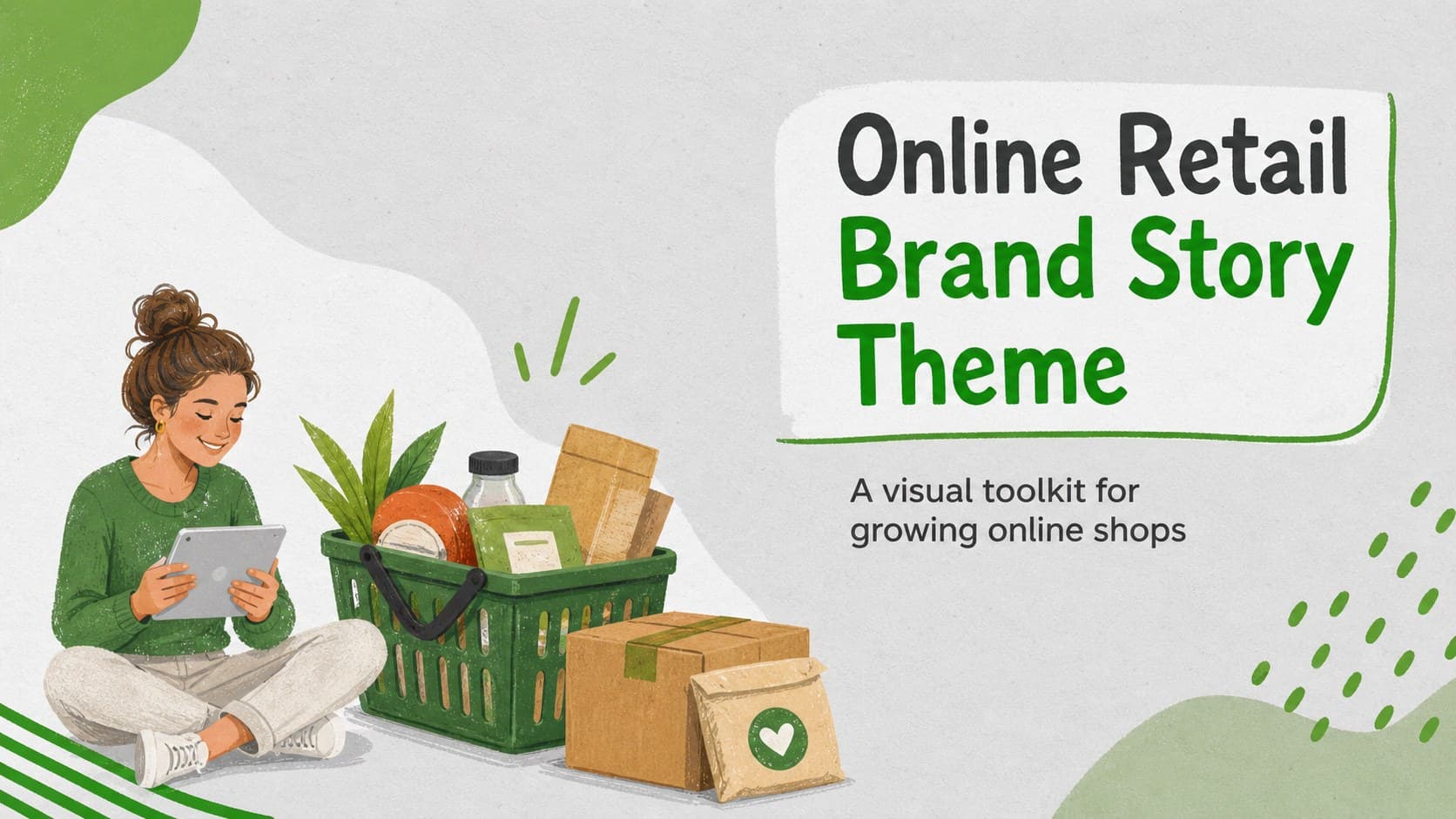 Cover slide for an online retail brand story theme with a grey and green illustrated storefront concept.