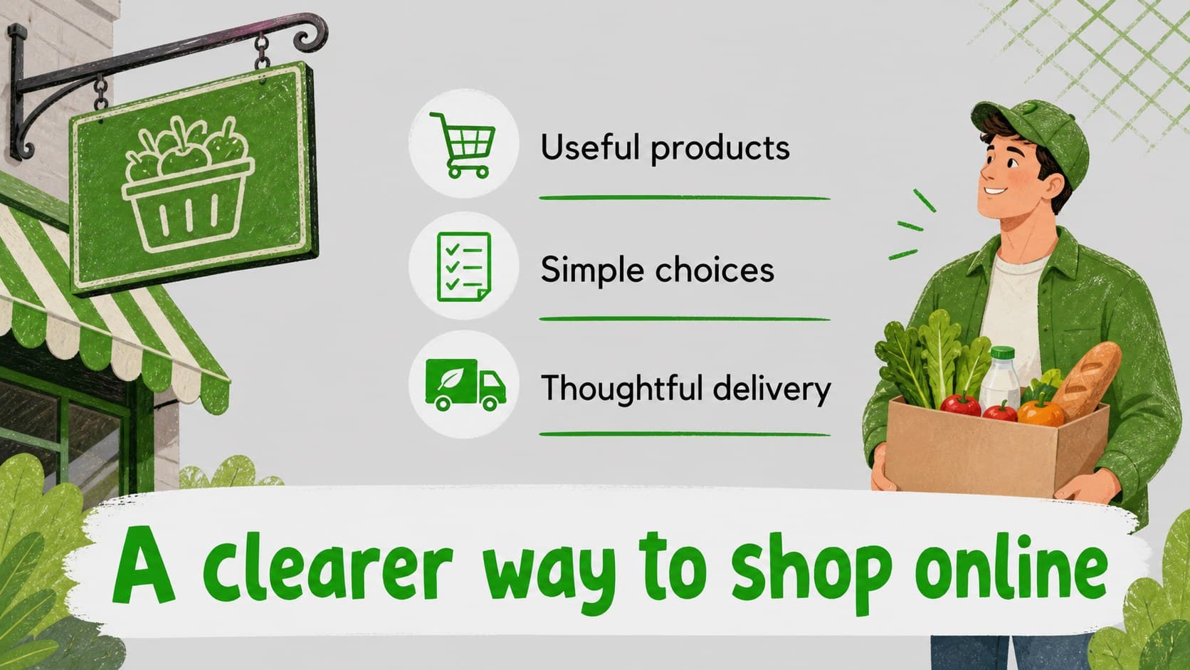 Online retail overview slide showing an illustrated storefront, customer promise, and brand positioning.