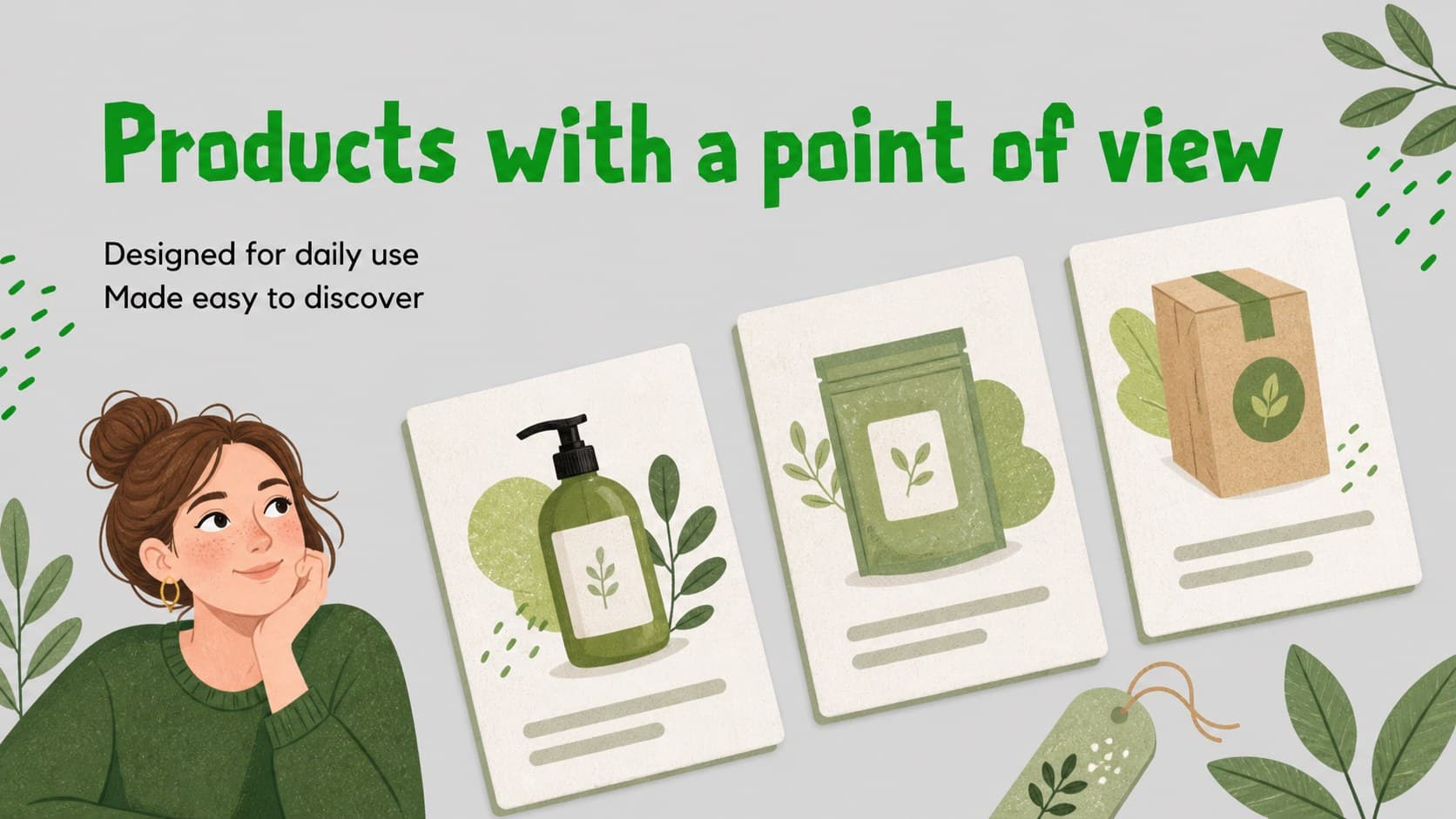 Product storytelling slide presenting illustrated merchandise features for an online retail brand.