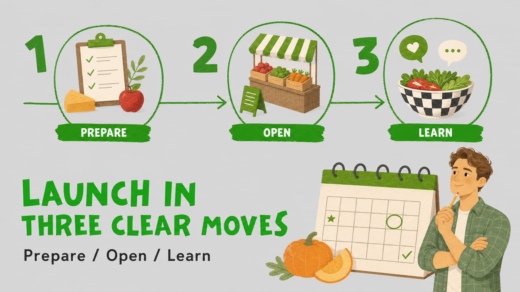 Online store launch plan slide with an illustrated timeline of preparation, release, and follow-up.
