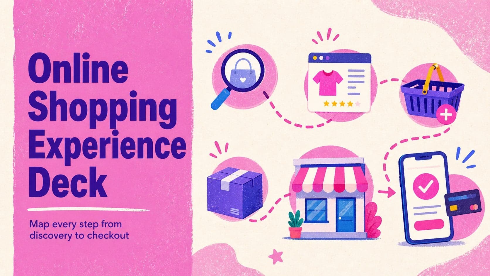 Cover slide for an online shopping experience deck with a bold pink Risograph composition and illustrated ecommerce pathway.