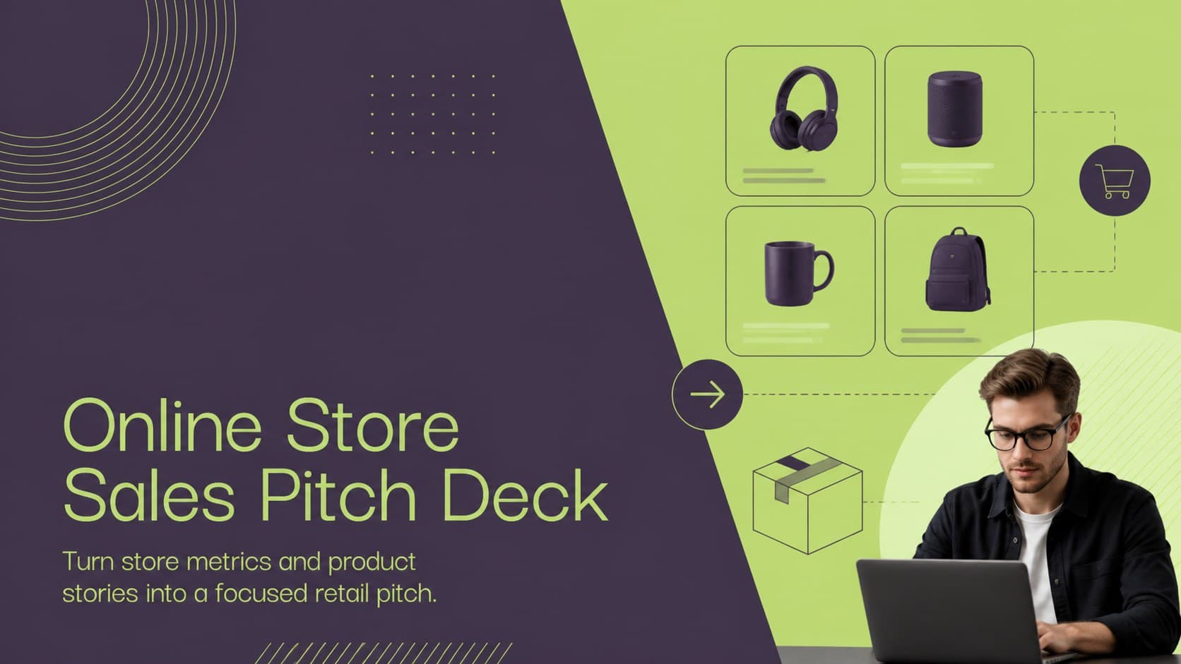 Cover of the Online Store Sales Pitch Deck with bold purple and green minimalist retail graphics.