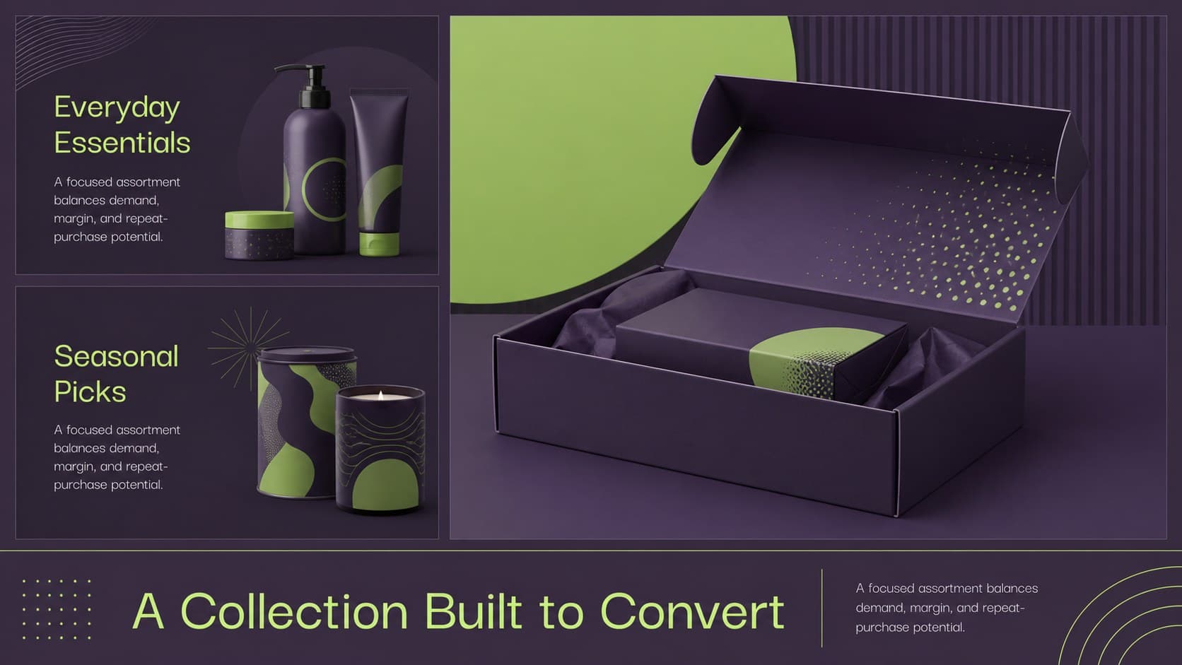 Product catalog pitch deck slide presenting three online store collections in a purple and green layout.