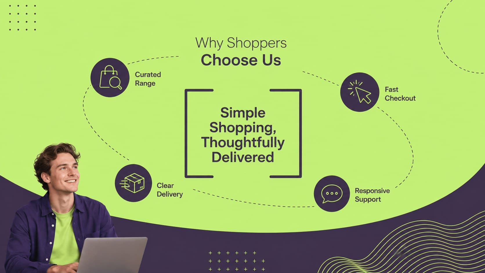 Ecommerce value proposition slide highlighting assortment, checkout, delivery, and service benefits.