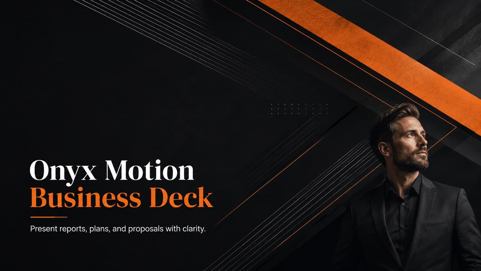 Onyx Motion Business Deck cover with an onyx background, orange geometric lines, and bold white typography.