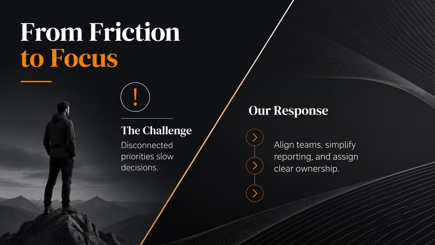 Minimalist consulting presentation theme slide outlining a business challenge and strategic response.