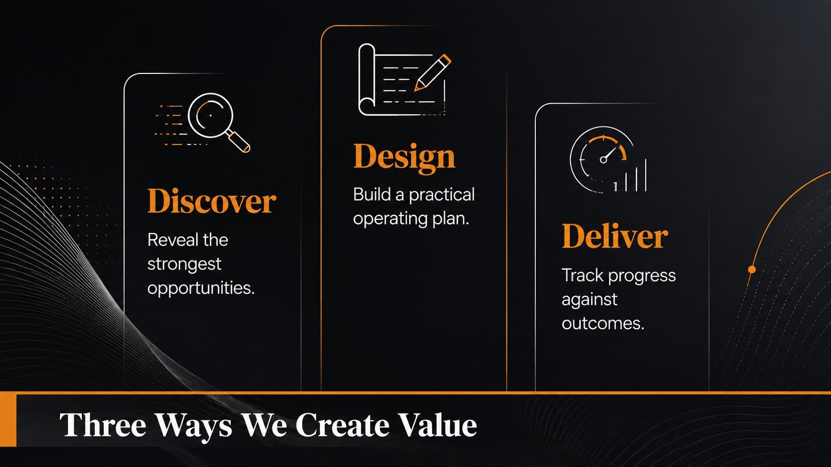 High contrast proposal slide template displaying three service pillars with orange geometric symbols.