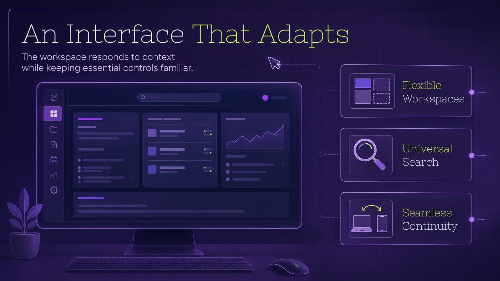 Operating system experience concept slide with adaptable workspaces, universal search, and cross-device continuity.