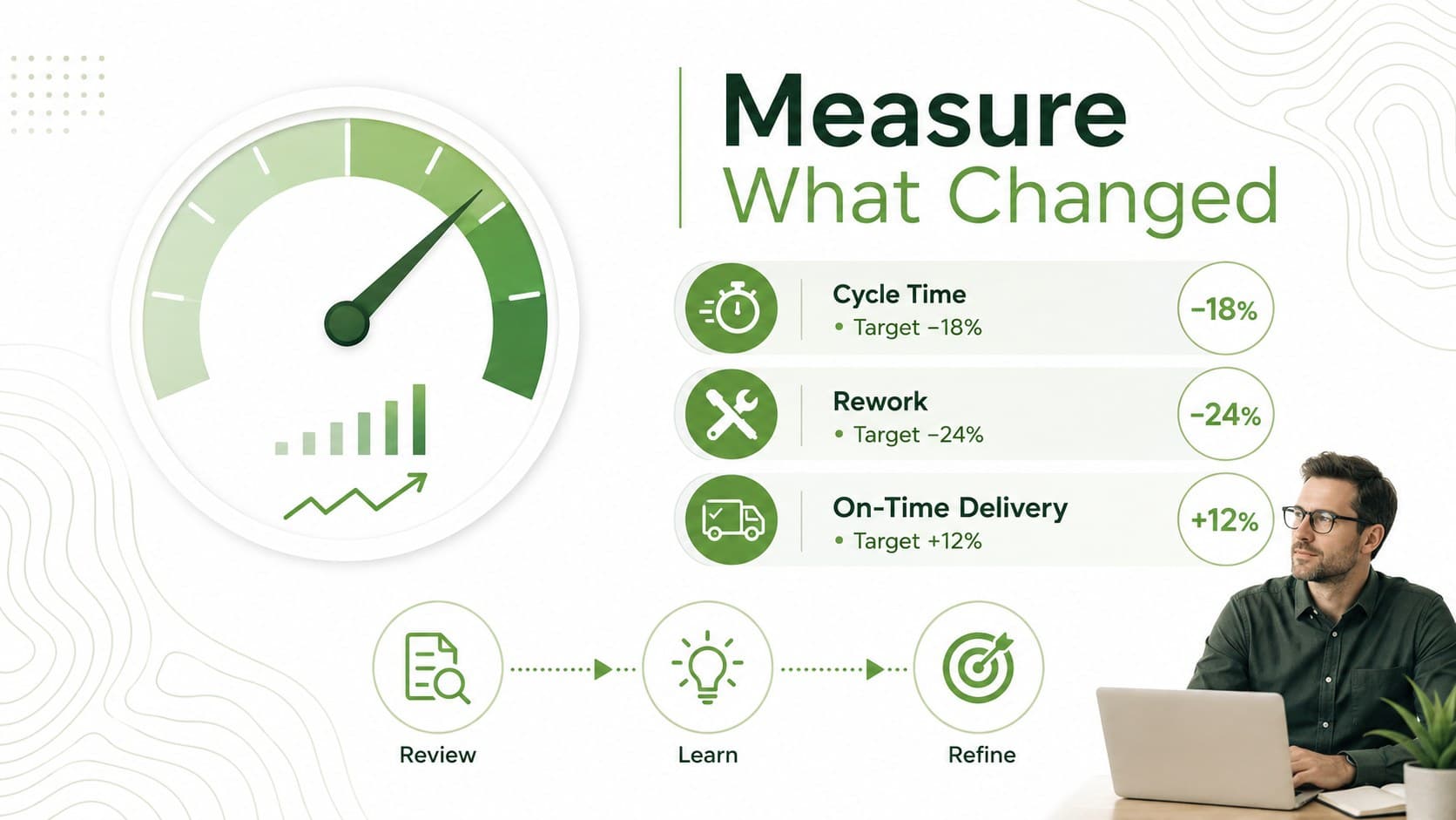 Process KPI tracking slide with editable targets for cycle time, rework, and on-time delivery.
