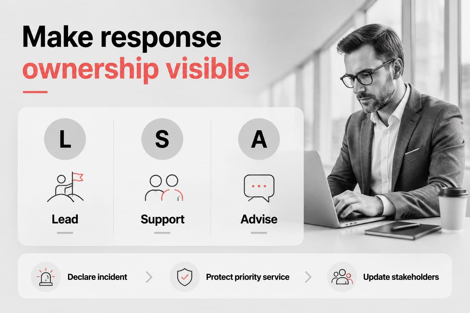 Business disruption response slides showing accountable teams and assigned recovery actions.