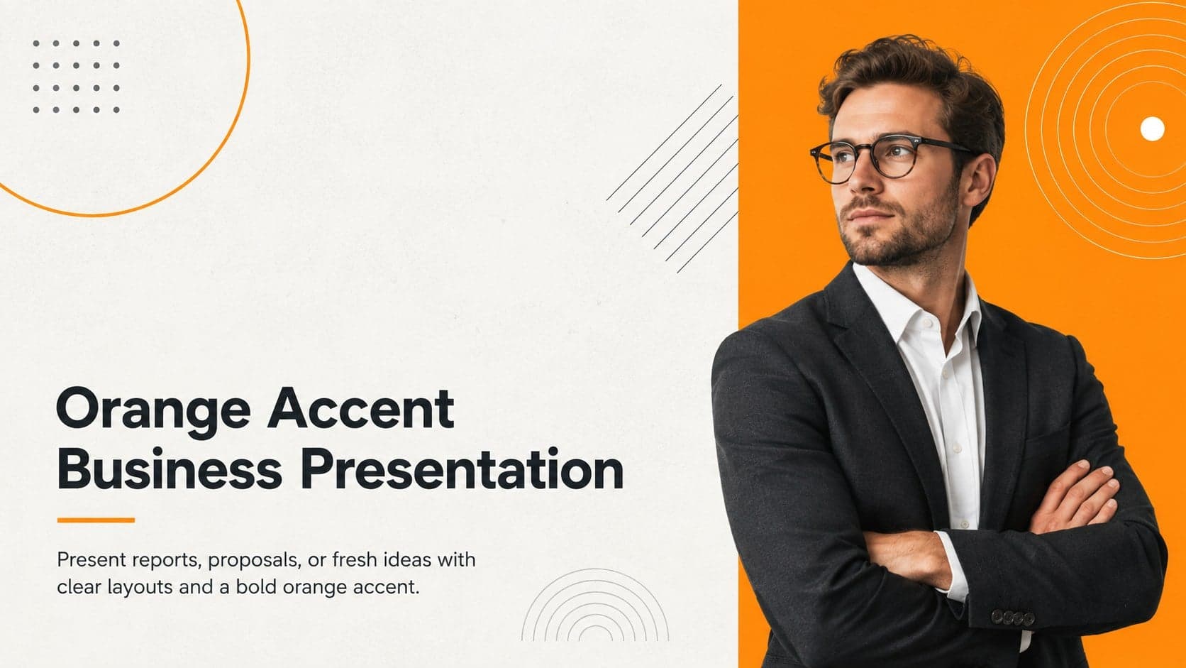 Cover for an orange accent business presentation with a clean neutral background and bold orange geometry.