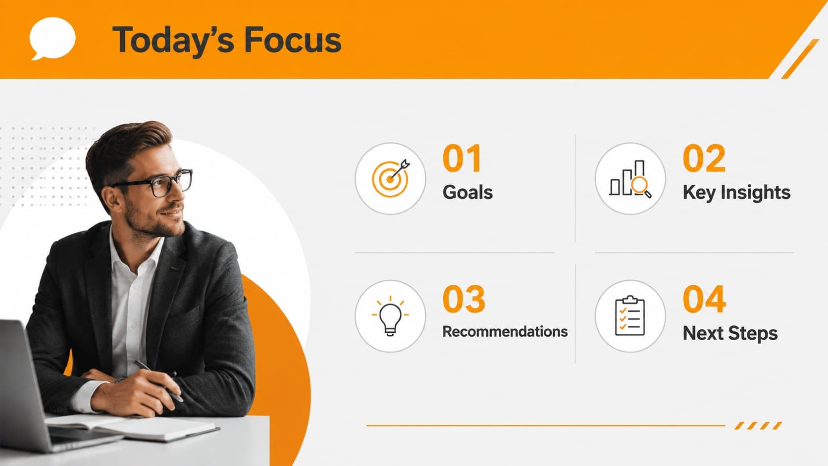 Orange business agenda slide outlining goals, insights, recommendations, and next steps.