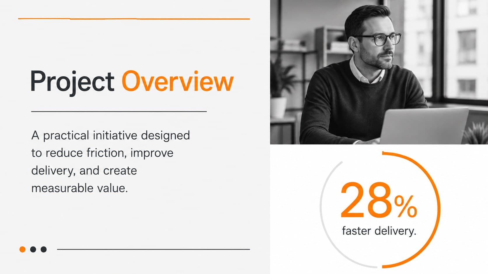 Editable orange pitch deck slide pairing a project overview with a bright data callout.