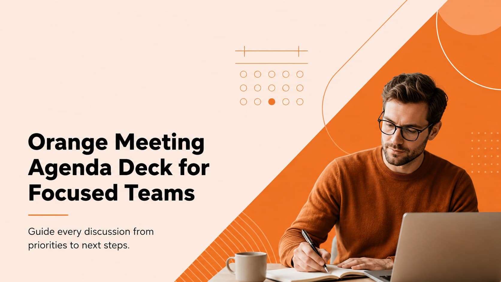 Cover for an orange meeting agenda deck with a bold title and concise team-focused subtitle.