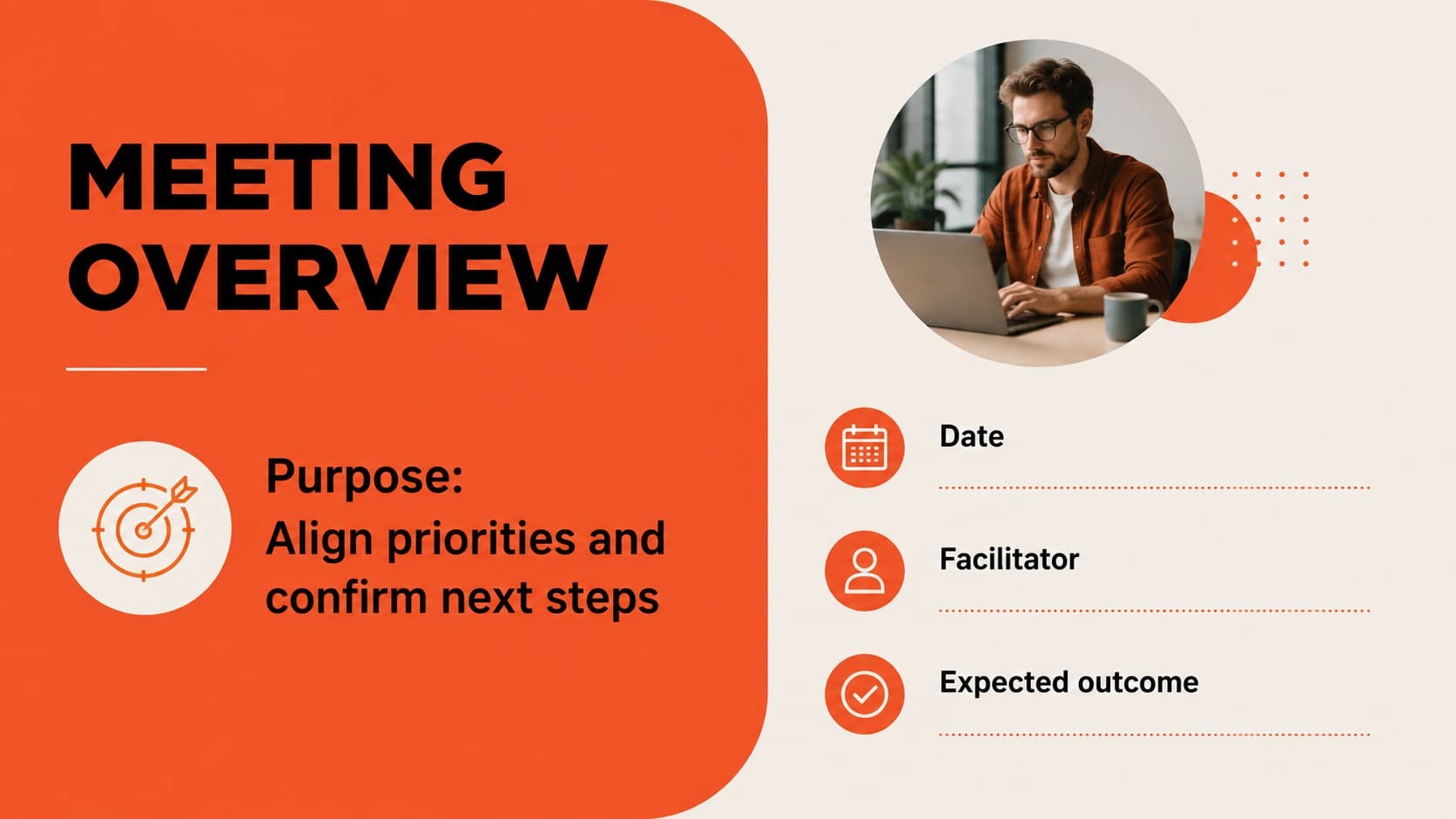 Meeting overview slide presenting the session purpose, date, facilitator, and expected outcome.