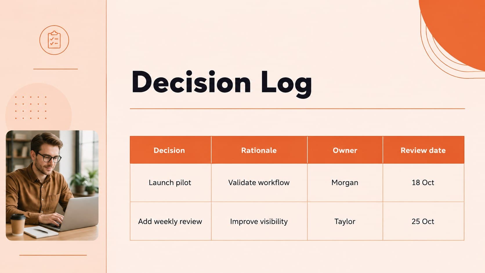 Decision log presentation slide recording choices, rationale, decision owners, and review dates.